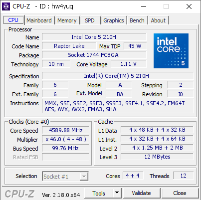 screenshot of CPU-Z validation for Dump [hw4yuq] - Submitted by  LAPTOP-LP01JCJ2  - 2026-02-02 20:26:48