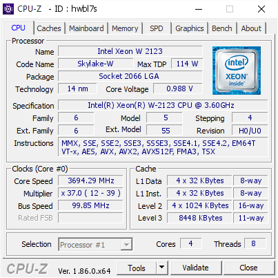 Intel Xeon W 2123 3694 29 Mhz Cpu Z Validator