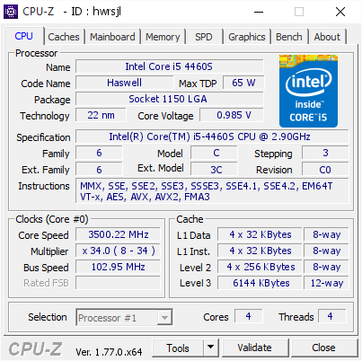 screenshot of CPU-Z validation for Dump [hwrsjl] - Submitted by  DEANBRAMMER  - 2016-12-04 10:48:13