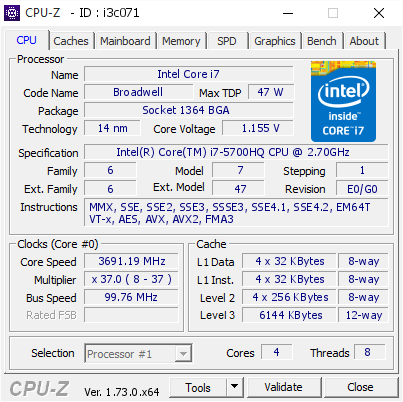 screenshot of CPU-Z validation for Dump [i3c071] - Submitted by  stingeryar  - 2015-10-10 12:51:29