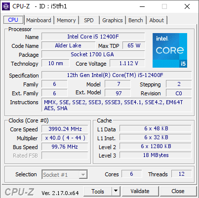 screenshot of CPU-Z validation for Dump [i5tfh1] - Submitted by  Anonymous  - 2025-11-29 14:43:49