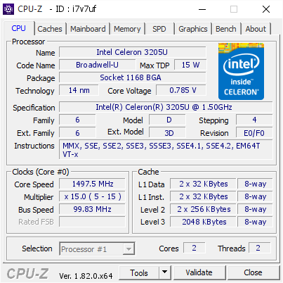 screenshot of CPU-Z validation for Dump [i7v7uf] - Submitted by  Anonymous  - 2017-12-18 17:38:40