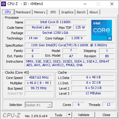 screenshot of CPU-Z validation for Dump [i84bmd] - Submitted by  DESKTOP-SALVA  - 2024-04-26 10:29:55