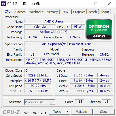 screenshot of CPU-Z validation for Dump [icen6b] - Submitted by  2x Operon 4284 Tyan 2U server  - 2021-10-24 06:24:14