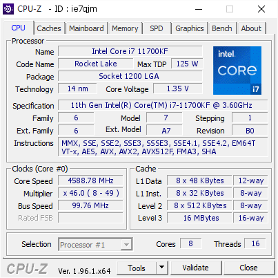 Intel Core I7 11700kf 4588 78 Mhz Cpu Z Validator