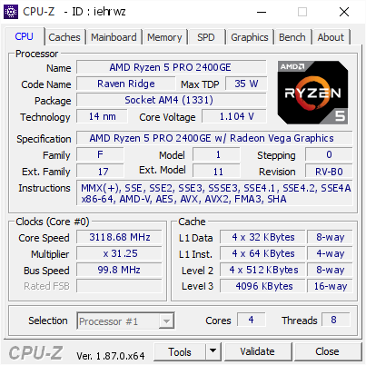 AMD Ryzen 5 PRO 2400GE @ 3118.68 MHz - CPU-Z VALIDATOR