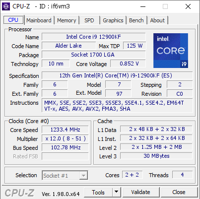 Intel Core i9 12900KF @ 1233.4 MHz - CPU-Z VALIDATOR