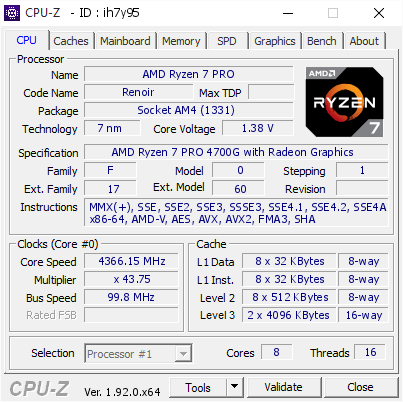 screenshot of CPU-Z validation for Dump [ih7y95] - Submitted by  DESKTOP-RCIEKTH  - 2020-08-27 17:31:23