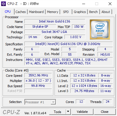 Intel Xeon Gold 6136 @ 3592.96 MHz - CPU-Z VALIDATOR