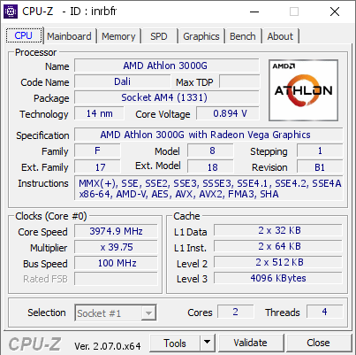 AMD Athlon 3000G 3974.9 MHz CPU Z VALIDATOR