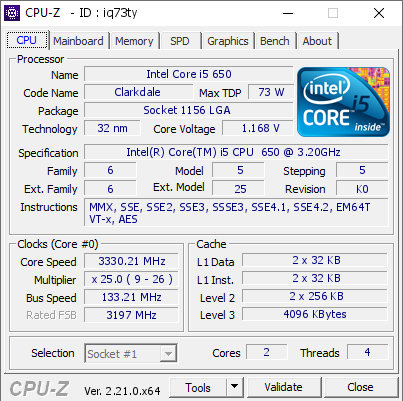 screenshot of CPU-Z validation for Dump [iq73ty] - Submitted by  DESKTOP-DUS5716  - 2026-08-19 12:44:56