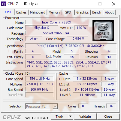 Intel Core i7 7820X @ 5541.18 MHz - CPU-Z VALIDATOR