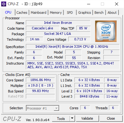 screenshot of CPU-Z validation for Dump [j1lp49] - Submitted by  Anonymous  - 2019-09-23 15:56:30