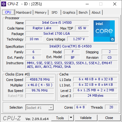 Intel Core i5 14500 @ 4588.78 MHz - CPU-Z VALIDATOR