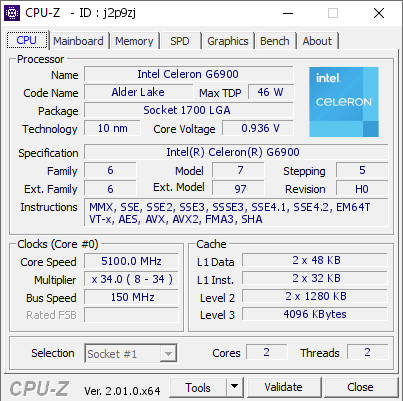 Intel Celeron G6900 @ 5100 MHz - CPU-Z VALIDATOR