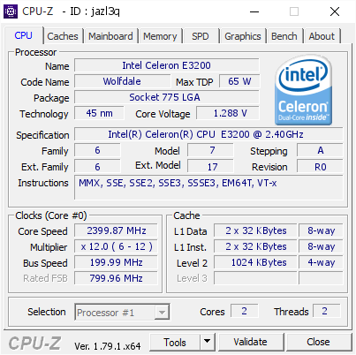 Renaissance neerhalen Jaarlijks Intel Celeron E3200 @ 2399.87 MHz - CPU-Z VALIDATOR