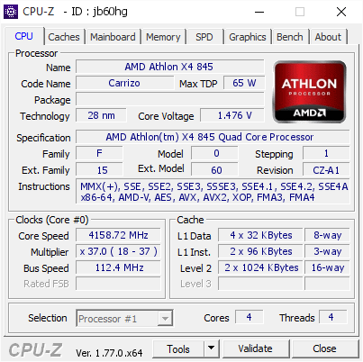 Amd Athlon X4 845 4158 72 Mhz Cpu Z Validator