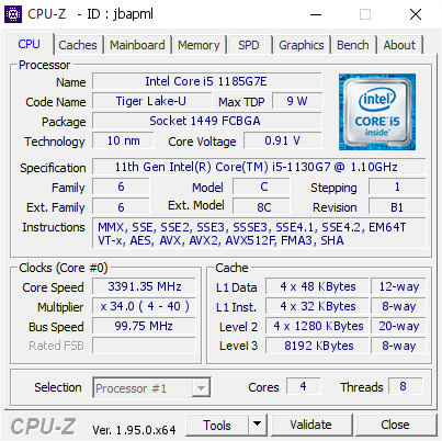 screenshot of CPU-Z validation for Dump [jbapml] - Submitted by  DESKTOP-TNBF33C  - 2021-04-02 08:26:59