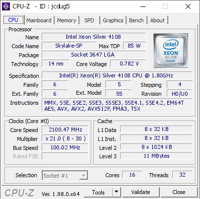 screenshot of CPU-Z validation for Dump [jcdug5] - Submitted by  MC-TEST-X11DPI  - 2022-02-22 12:25:47