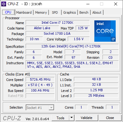 screenshot of CPU-Z validation for Dump [jcsceh] - Submitted by  Rigel85  - 2022-06-28 19:29:02