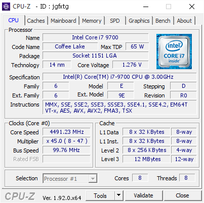 Intel Core i7 9700 @ 4491.23 MHz - CPU-Z VALIDATOR