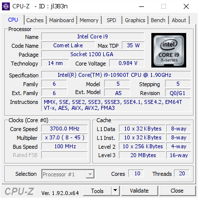 screenshot of CPU-Z validation for Dump [jl383n] - Submitted by  Anonymous  - 2020-05-30 05:38:42