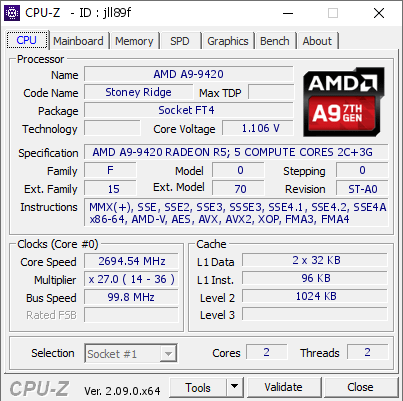 AMD A9-9420 @ 2694.54 MHz - CPU-Z VALIDATOR