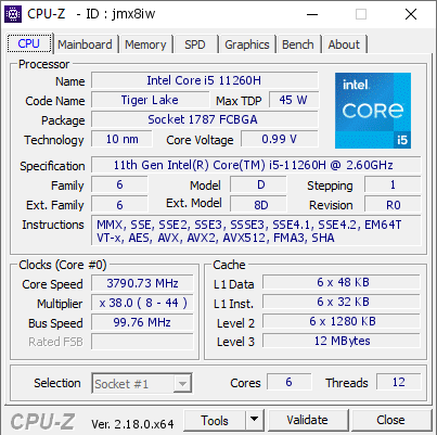 screenshot of CPU-Z validation for Dump [jmx8iw] - Submitted by  Anonymous  - 2026-03-03 07:13:00