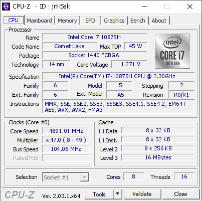 screenshot of CPU-Z validation for Dump [jnk5ak] - Submitted by  Zhyix  - 2023-01-23 23:22:06