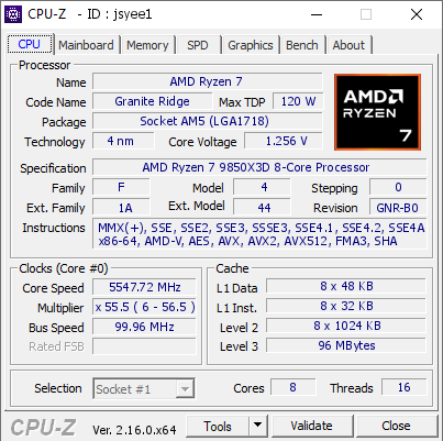 screenshot of CPU-Z validation for Dump [jsyee1] - Submitted by  XSADI  - 2026-08-26 12:58:46