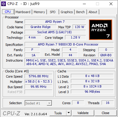 screenshot of CPU-Z validation for Dump [juzfr9] - Submitted by  DESKTOP-7758A65  - 2024-11-16 20:46:08