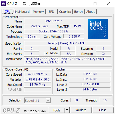 screenshot of CPU-Z validation for Dump [jvl55m] - Submitted by  Anonymous  - 2025-07-19 16:54:15