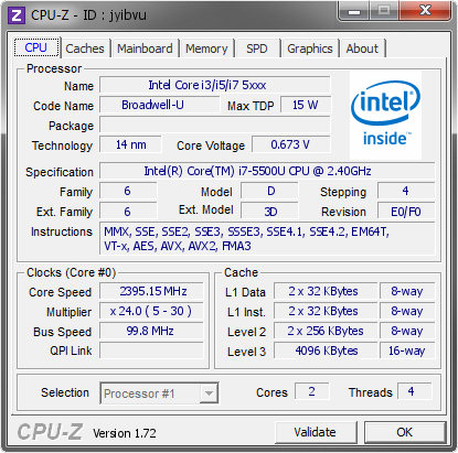 【動作確認済み】Intel CPU 計11個 i7 i5 i3 celeron Intel Core i3/i5/i7 5xxx @ 2395.15 MHz - CPU-Z VALIDATOR