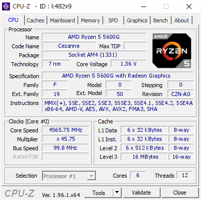 screenshot of CPU-Z validation for Dump [k482v9] - Submitted by  DESKTOP-6DSS40V  - 2021-10-14 09:06:53