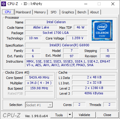 screenshot of CPU-Z validation for Dump [k4hz4y] - Submitted by  StingerYar  - 2022-02-04 18:54:51