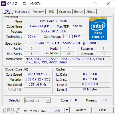 screenshot of CPU-Z validation for Dump [k4y27c] - Submitted by  Intel Core Extreme - 5960X  - 2026-08-06 22:07:37