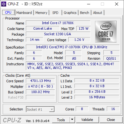 Intel Core i7 10700K 4701.13 MHz CPU Z VALIDATOR