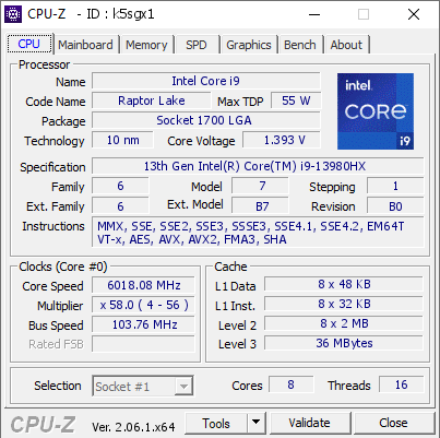 screenshot of CPU-Z validation for Dump [k5sgx1] - Submitted by  Lucky_n00b  - 2023-06-14 23:36:00