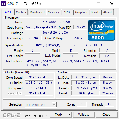 Intel Xeon E5 2690 @ 3290.96 MHz - CPU-Z VALIDATOR