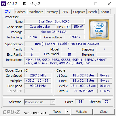 screenshot of CPU-Z validation for Dump [k6aje2] - Submitted by  DESKTOP-RDLMTB3  - 2019-10-28 18:41:21