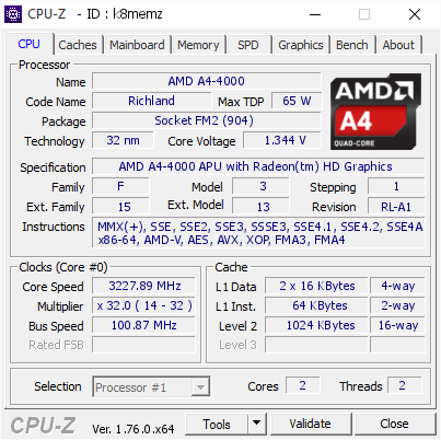screenshot of CPU-Z validation for Dump [k8memz] - Submitted by  DAKOTA-PC  - 2016-06-01 04:50:02
