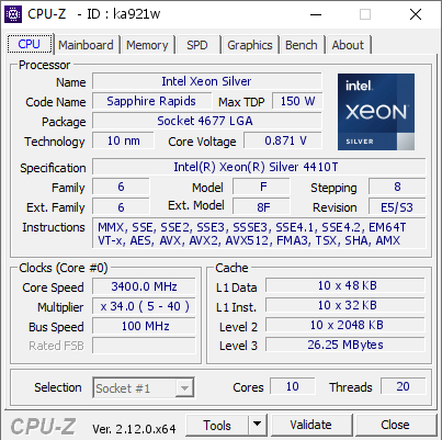 screenshot of CPU-Z validation for Dump [ka921w] - Submitted by  WIN-S0MDQBCPT20  - 2024-12-16 10:05:12