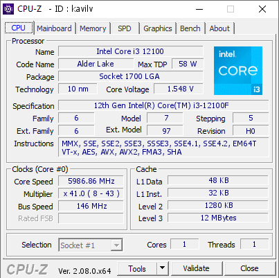 screenshot of CPU-Z validation for Dump [kavilv] - Submitted by  spit051261  - 2024-02-21 07:56:17