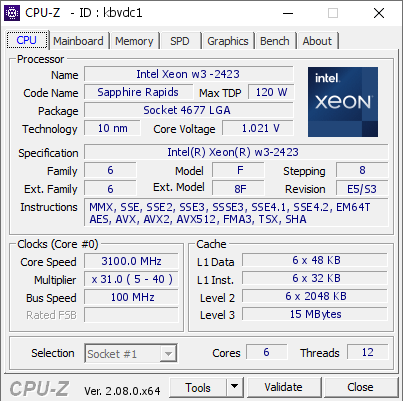 screenshot of CPU-Z validation for Dump [kbvdc1] - Submitted by  DESKTOP-VUBP5KD  - 2023-10-02 11:11:33