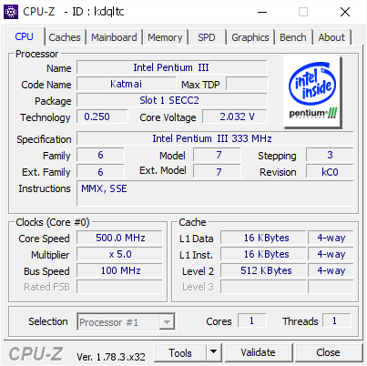 Intel Pentium III @ 500 MHz - CPU-Z VALIDATOR