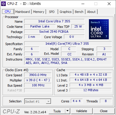screenshot of CPU-Z validation for Dump [kibm8s] - Submitted by  LAPTOP-SHI0MHOG  - 2026-07-10 03:54:51