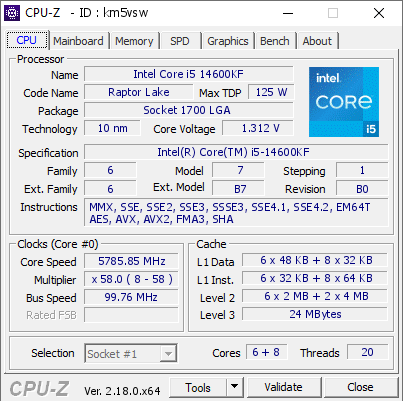 screenshot of CPU-Z validation for Dump [km5vsw] - Submitted by  Arni90  - 2026-05-21 14:27:17