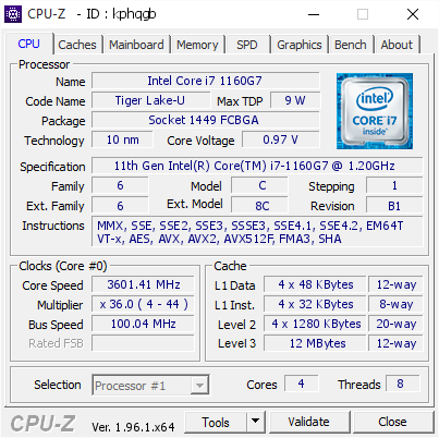 screenshot of CPU-Z validation for Dump [kphqgb] - Submitted by  LAPTOP-6OPVF94V  - 2021-08-24 08:33:38