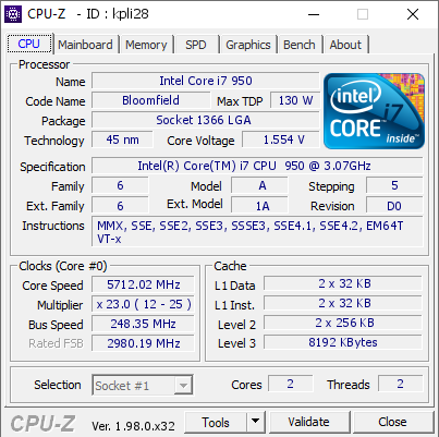 screenshot of CPU-Z validation for Dump [kpli28] - Submitted by  Matt26LFC  - 2022-01-27 22:55:44