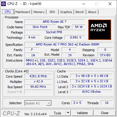 screenshot of CPU-Z validation for Dump [kqwi06] - Submitted by  THINKPAD_T14S  - 2025-02-28 09:28:58